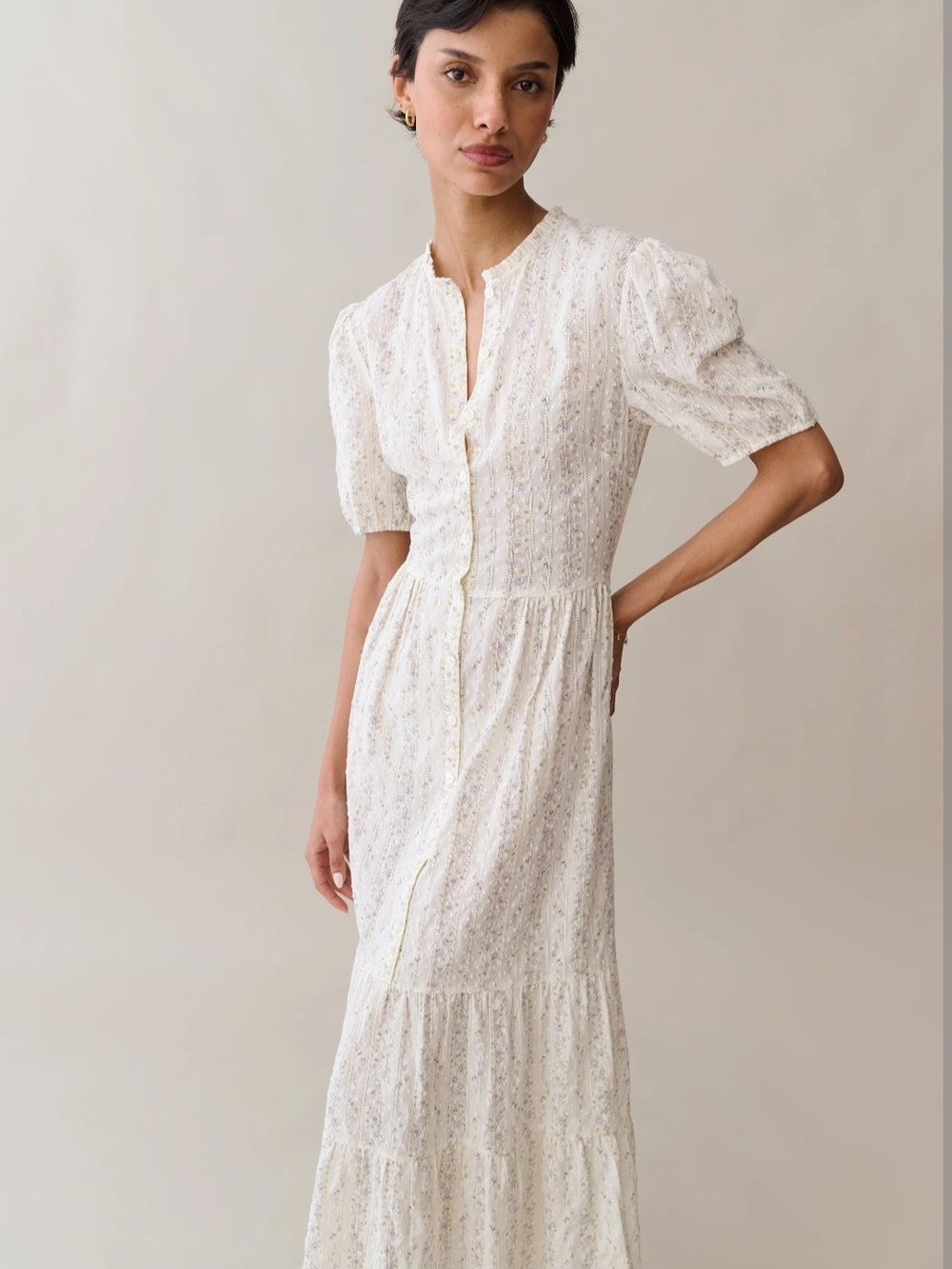 Few Moda Ivory Button-Front Midi Dress with Puff Sleeves